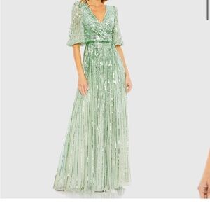 Mac Duggal Sequined Wrap Over 3/4 Sleeve Maxi Gown In Sage Sequin Gown